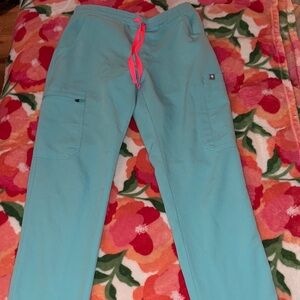 FIGS Women's Yola Aqua Scrub Pants with Pink Drawstring